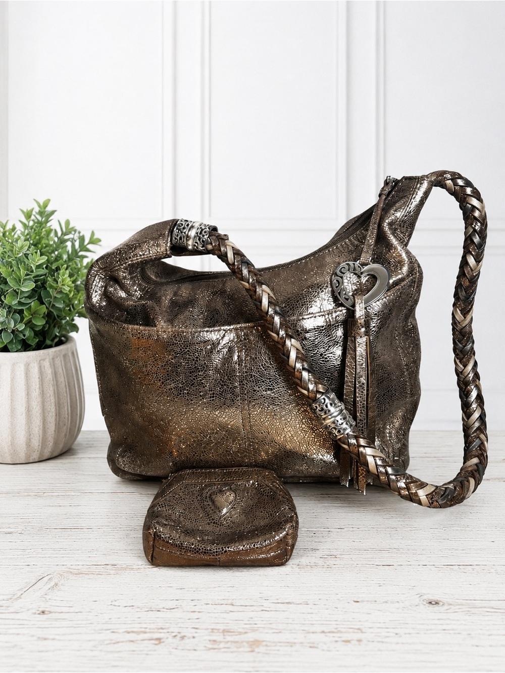 Brighton Metallic Bronze Leather Hobo Shoulder Bag w/ Matching Coin Purse